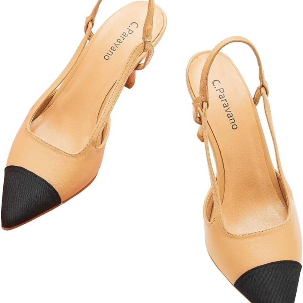 C PARAVANO Tan and Black Kitten Heel Slingback